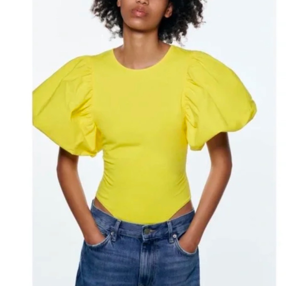 Yellow puffy sleeve bodysuit